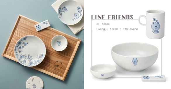 LINE FRIENDS x 光州陶瓷餐具古典登場！淺藍水墨畫熊大碰上傳統白瓷，意外超有質感～