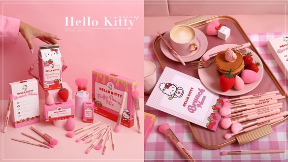 Hello Kitty粉必收！「草莓牛奶Kitty刷具組」粉嫩來襲，蜜粉刷、牛奶盒化妝包都萌爆