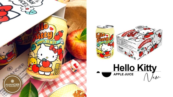 Hello Kitty蘋果汁！Hello Kitty超萌罐裝蘋果汁登場，整箱購入還有可愛Kitty外箱！