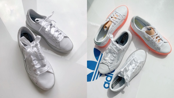 adidas也推出緞帶鞋！adidas Sleek緞帶小白鞋，純淨白+銀色厚底，低調小心機太吸睛！