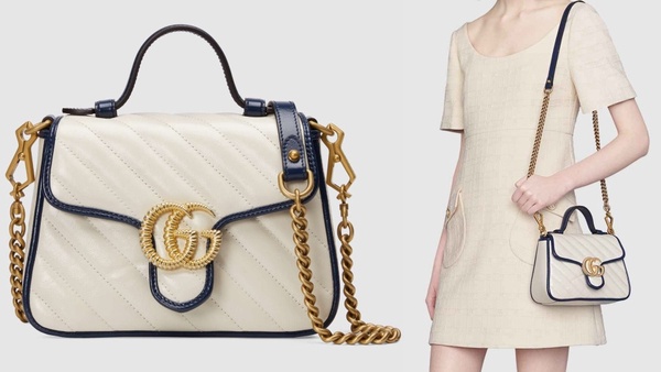 GUCCI  GG Marmont 推出「奶油白 x 海軍藍」新配色，竹節手把＋流蘇 ，夏日復古小清新