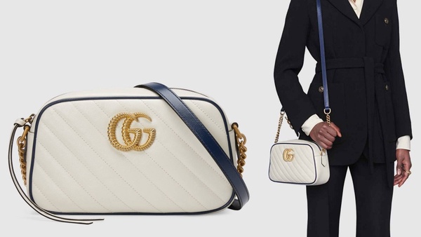 GUCCI  GG Marmont 推出「奶油白 x 海軍藍」新配色，竹節手把＋流蘇 ，夏日復古小清新