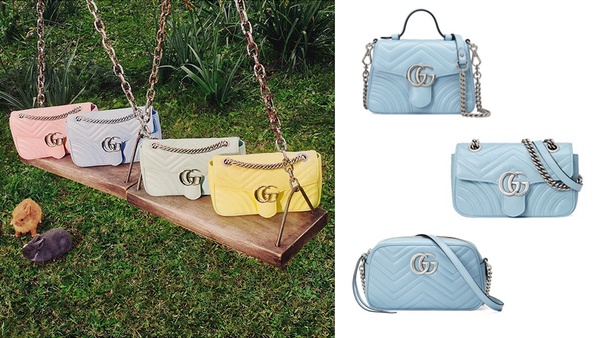 寶寶藍包包推薦 #Gucci GG Marmont 伯爵藍小型手提包,NT$60,300/小型肩背包,NT$57,800/相機包,NT$39,400