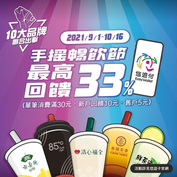 10家手搖杯「悠遊卡優惠」9月份開跑！85度C、清心福全、鮮茶道皆有優惠，最高回饋33%