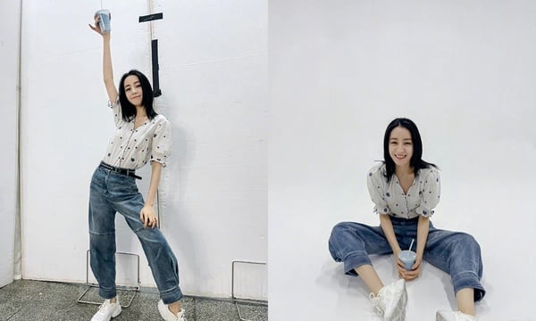 迪麗熱巴碎花單品穿搭1：碎花三分袖上衣X老爺牛仔褲