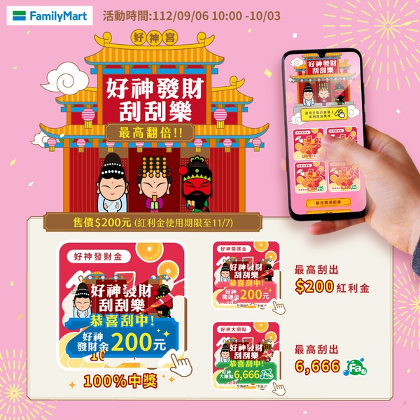 比買一送一強!全家「好神公仔杯塞」加價購再推「發財卡」抽400元,還有咖啡買6送6!