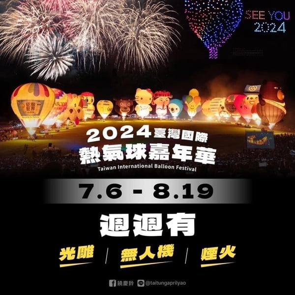 2024「台東國際熱氣球嘉年華」開幕時間公布!無人機、煙火秀、光雕音樂會必去