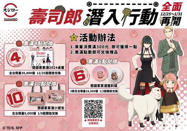 壽司郎《SPY×FAMILY 間諜家家酒》集點開跑！安妮亞醬料碟、小提包太萌、2024桌曆必收