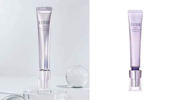 ELIXIR 怡麗絲爾淨白勻亮淡斑精華的金色軟管包裝，添加A醇與傳明酸。