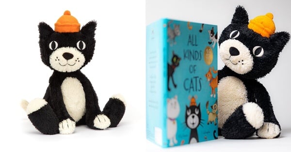 Jellycat品牌經典角色吉利果凍貓，黑白色的身體搭配橘色毛帽