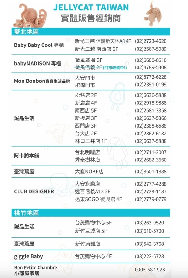 Jellycat台灣官網顯示的實體門市資訊列表：雙北與桃竹地區