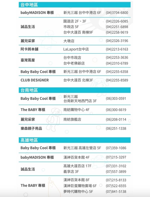 Jellycat台灣官網顯示的實體門市資訊列表：中南部