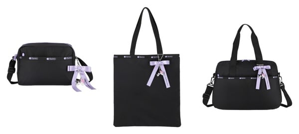 LeSportsac x 美樂蒂與酷洛米聯名紫戀黑系列，包含拉鍊斜背包、大型肩背托特包和兩用哈潑包