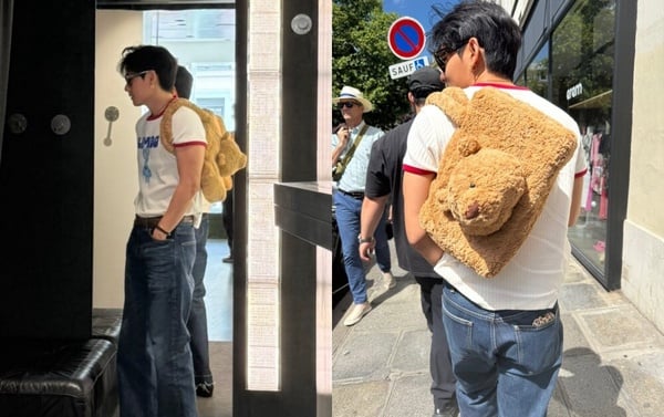BTS成員V金泰亨揹著JELLYCAT巴賽羅熊托特包，展現可愛時尚風格