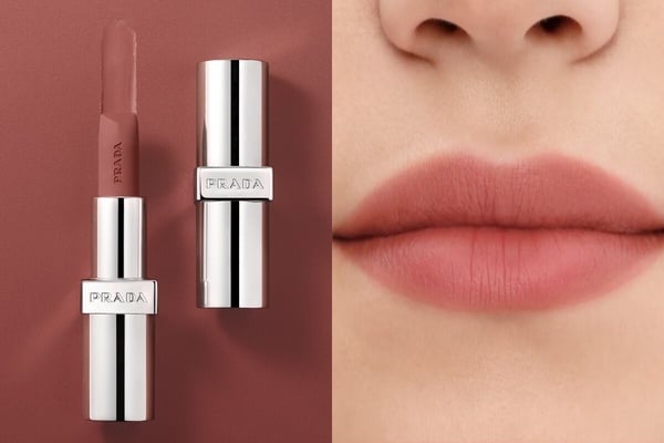 PRADA BEAUTY尼龍柔霧唇膏#B101廢裸棕試色，呈現高級柔霧妝感。