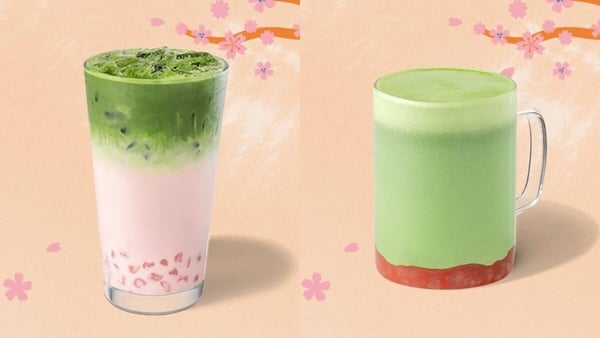 星巴克春季限定飲品櫻花風味草莓抹茶那堤，呈現粉、白、綠三色漸層