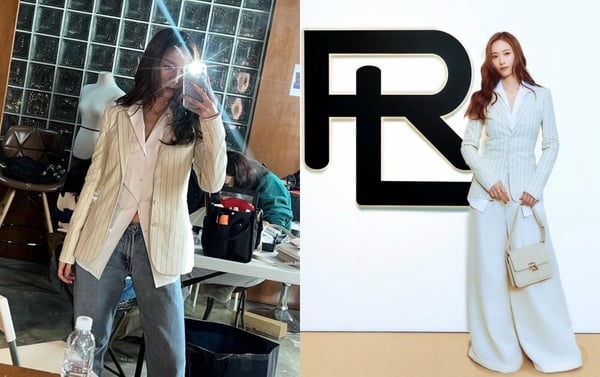 韓星 Krystal 鄭秀晶示範職場穿搭，在白襯衫外搭配米色條紋西裝外套與西裝褲，展現專業幹練氣場。