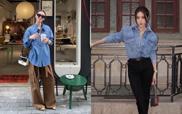 兩位女子示範牛仔襯衫混搭穿搭，將休閒的牛仔襯衫搭配灰色或黑色西裝褲，營造率性與正式感結合的衝突美感。