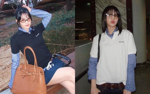 (G)I-DLE Minnie 示範 Miu 系穿搭，以格紋襯衫外搭藍色 Polo 衫，配上白色花苞短裙，展現獨特學院風。
