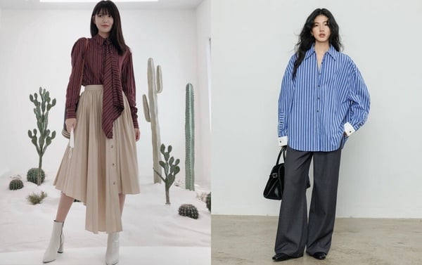 秀英與部落客示範上班族條紋襯衫穿搭，分別以藍色條紋襯衫搭配西裝褲與白色不規則長裙，兼具正式與休閒感。