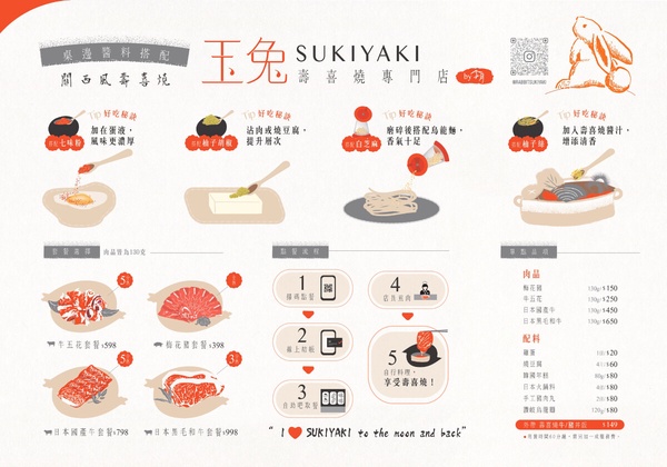 玉兔壽喜燒專門店菜單，提供多種壽喜燒套餐及丼飯選擇