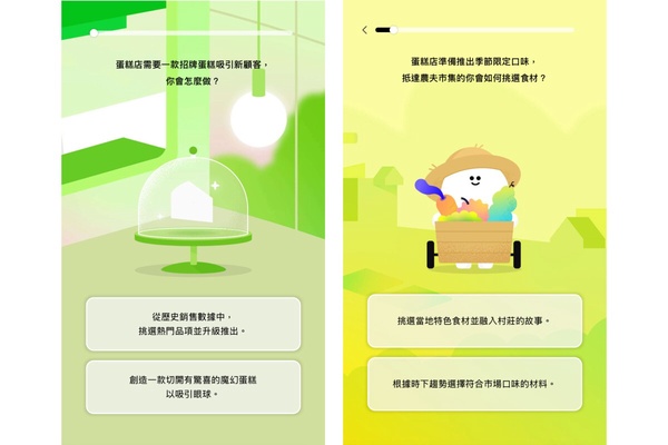 你是什麼蛋糕」心理測驗情境圖，一位魔法蛋糕師傅正在農夫市集挑選新鮮水果，為季節限定蛋糕做準備。