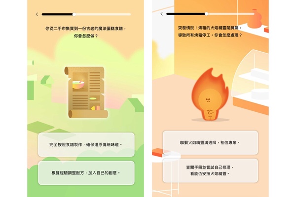 蛋糕店的魔法烤箱火焰精靈鬧脾氣，師傅正在翻閱古老的食譜手冊，試圖解決突發狀況。