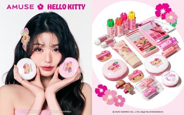 AMUSE x Hello Kitty 聯名，代言人張員瑛手持氣墊粉餅