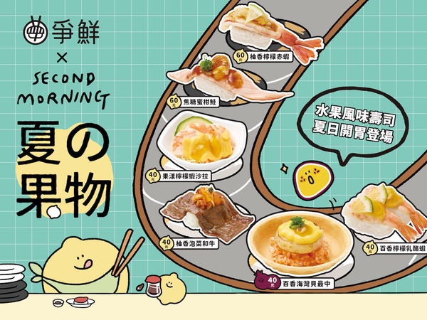 爭鮮迴轉壽司與韓國 Second Morning 聯名推出夏日水果壽司，檸檬、百香果等角色可愛登場！