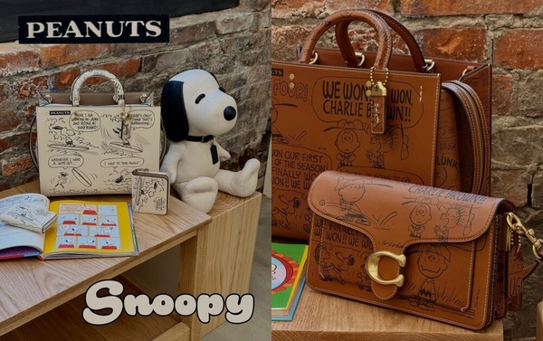 COACH x SNOOPY 聯名款手提包，印有史努比和查理布朗的圖案