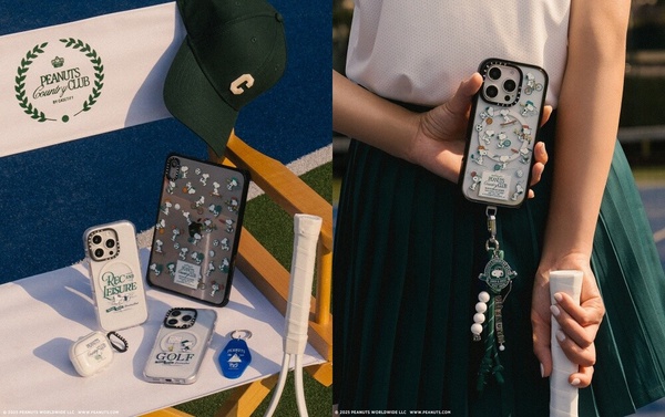 CASETiFY x SNOOPY 聯名 AirPods 保護殼，印有戴著棒球帽的史努比