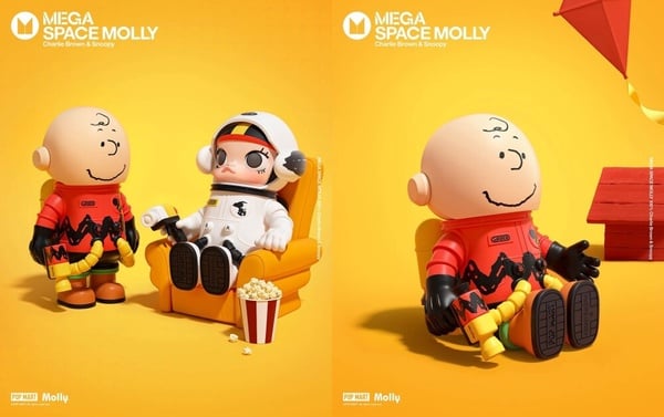 POP MART x SNOOPY 聯名系列，展示太空裝造型的史努比和查理布朗公仔細節