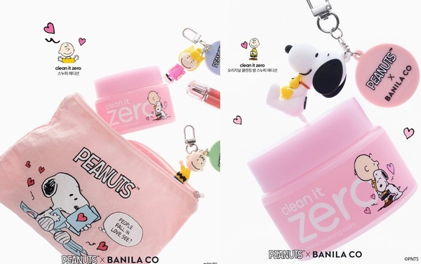 BANILA CO x PEANUTS™ 聯名款 ZERO 零感肌瞬卸凝霜，粉色包裝印有史努比圖案。