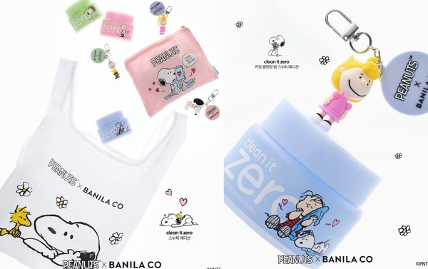BANILA CO x PEANUTS™ 聯名款 ZERO 零感肌瞬卸凝霜，藍色包裝印有史努比圖案。還有史努比購物袋