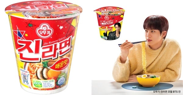 BTS Jin代言的不倒翁金拉麵辣味包裝，黃色背景搭配紅色字體