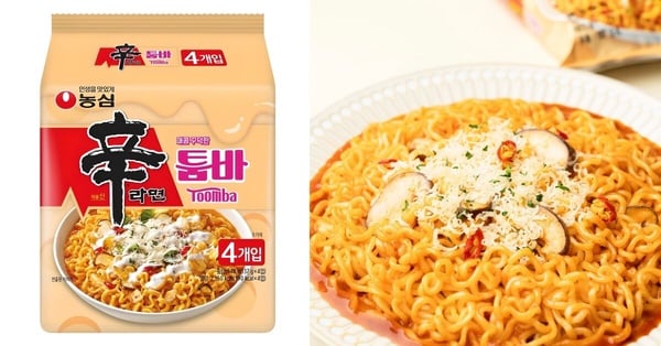 農心奶油辣白醬風味辛拉麵的成品照，麵條拌上濃郁白醬與蔬菜