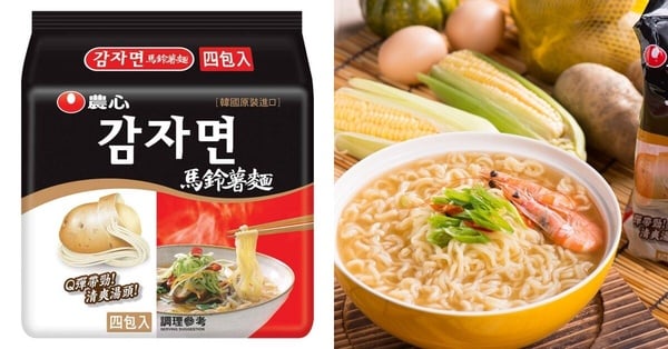 不辣韓國泡麵農心馬鈴薯麵的包裝，以馬鈴薯為主題的黃色設計