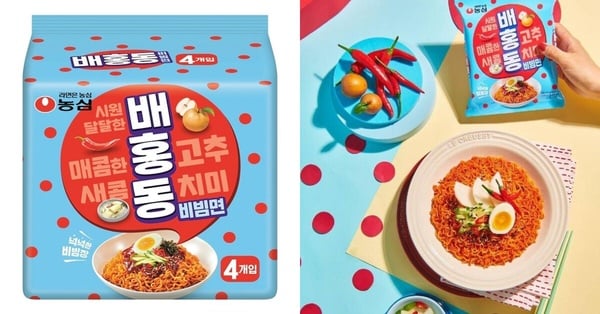 農心辣味冷拌麵包裝，以梨子水蘿蔔為基底的韓式開胃乾拌麵