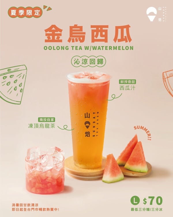 山焙人氣飲品金烏西瓜，以南投凍頂烏龍茶搭配新鮮花蓮大西瓜，呈現完美風味層次