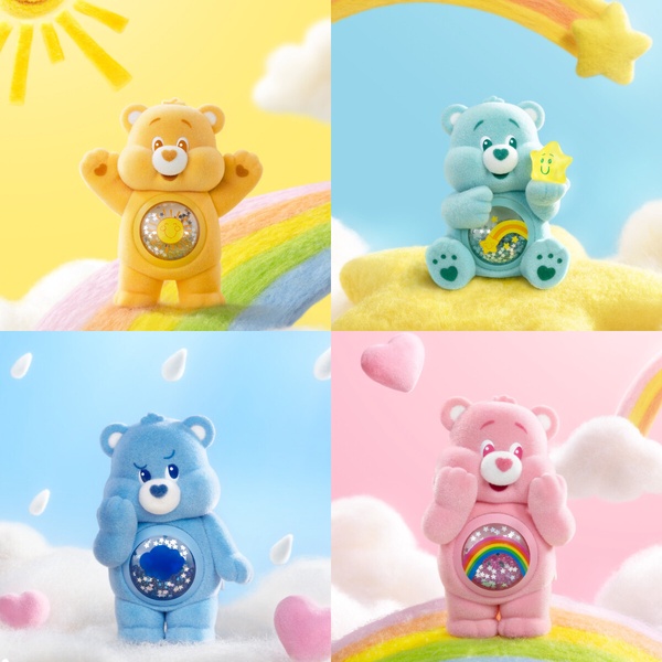 泡泡瑪特Care Bears愛心熊繽紛擁抱系列公仔，多款不同顏色的愛心熊站在雲朵上