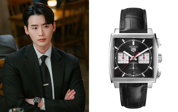 TAG HEUER Monaco計時腕錶黑面款，方形錶殼搭配皮革錶帶，為李鍾碩同款的父親節禮物推薦