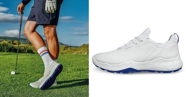 ECCO GOLF BIOM H5防水高爾夫球男鞋，白色鞋身搭配藍色細節，送給高爾夫球愛好者爸爸的專業父親節禮物