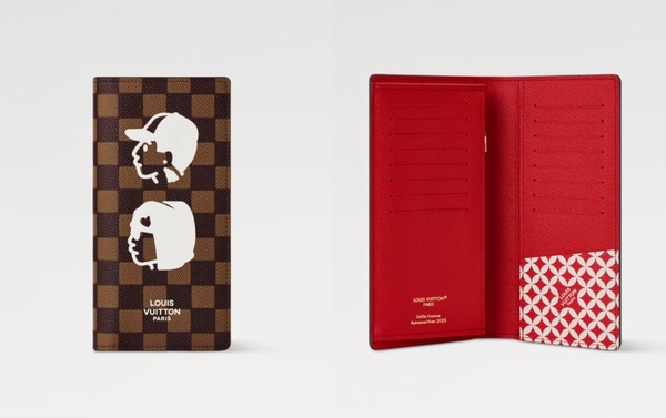 LV Brazza長夾,為Pharrell Williams與Nigo聯名款,在Damier Ebene帆布上印有Q版肖像