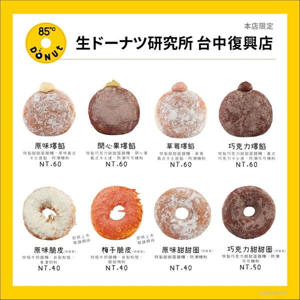 85℃「生甜甜圈．85℃復興研究所」菜單一覽
