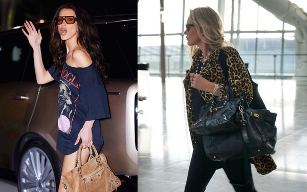 歐美時尚名人bella hadid和名模kate moss，分別手提黑色和棕色水洗復古色 Balenciaga Le City 機車包，展現其率性輪廓與經典金屬釘扣細節。
