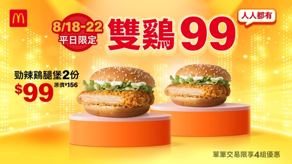 麥當勞8月優惠！麥當勞「麥脆雞腿、勁辣雞腿堡」8/11起2件優惠99元，下殺63折優惠必吃