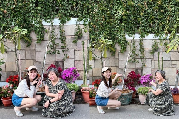 林逸欣與曾任職生物老師的媽媽在庭園中的合照，背後是逸欣媽媽親自培育的植物