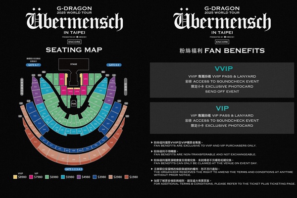 GD 權志龍台北演唱會票價圖，詳細列出 VVIP 區 $8980、VIP 區 $7980 至 $1980 等不同票區的價格。