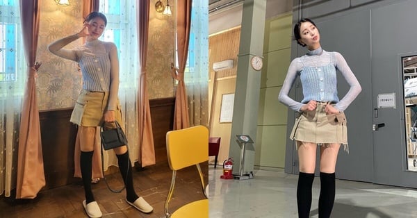演員文昇攸的韓系少女風格穿搭，她身穿藍色針織背心搭配米色迷你裙與黑色過膝長襪