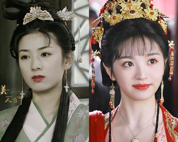 新舊版「李玉湖」對比：經典老劇《上錯花轎嫁對郎》的黃奕（左）與翻拍版《花轎喜事》的田曦薇（右）。